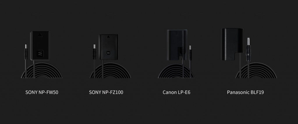 Батареи-пустышки Dummy Battery для питания популярных камер (приобретаются отдельно). Адаптеры для батарей SONY NP-FW50, SONY NP-FZ100, Canon LP-E6, Panasonic BLF19.