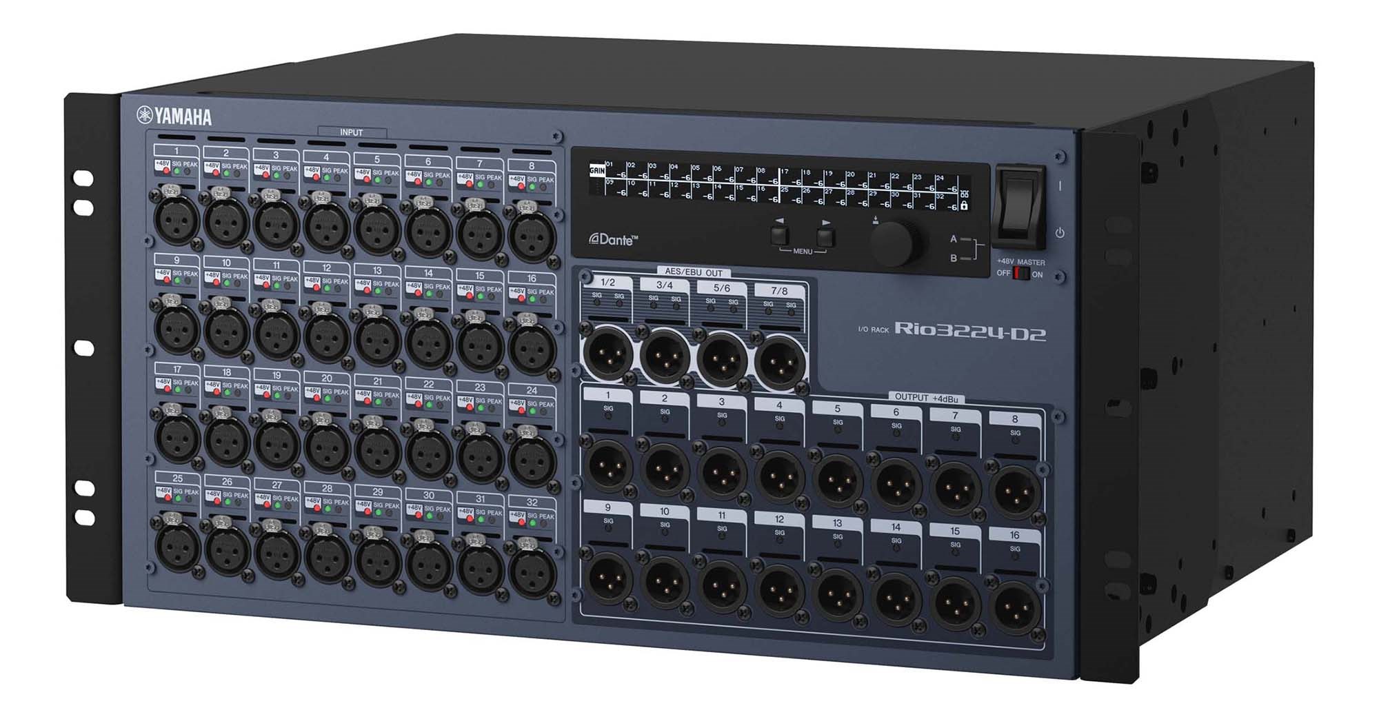 Устройства ввода/вывода со встроенными функциями сетевого аудиопротокола Dante, 32 аналоговых входа, 16 аналоговых и 8 цифровых выходов Rio3224-D2 YAMAHA