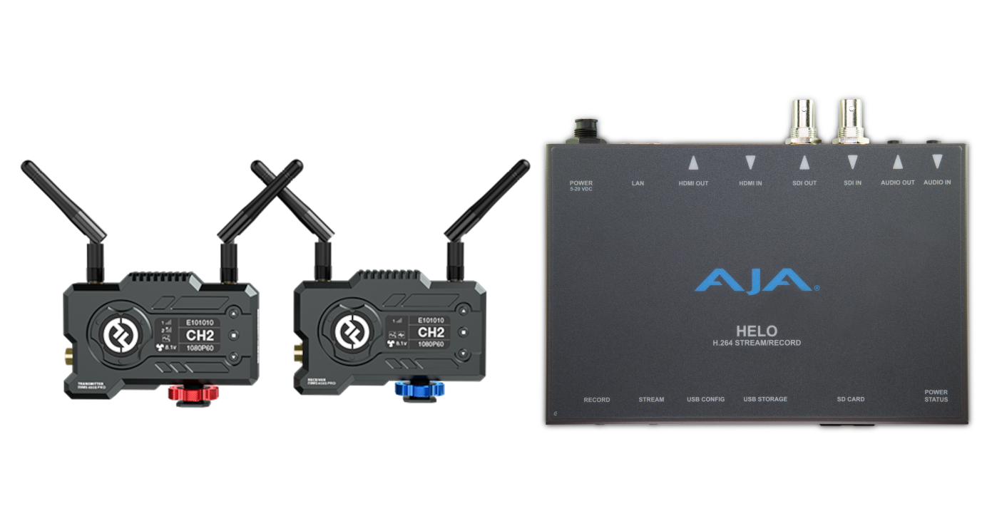 Комплект из видеосендера Hollyland Mars 400s Pro и устройства для стриминга и записи 3G-SDI/HDMI-видео AJA HELO