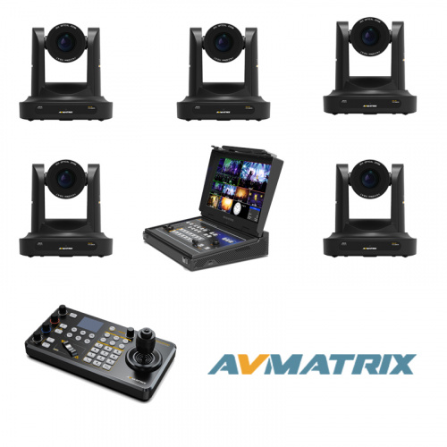 Комплект для прямых трансляций и стриминга AVMATRIX.3 из пяти PTZ-камер, контроллера и портативного видеомикшера.